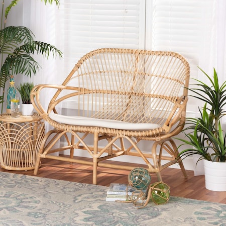 Baxton Studio Jayden Modern Bohemian White Fabric Upholstered and Natural Brown Finished Rattan Loveseat 205-12694